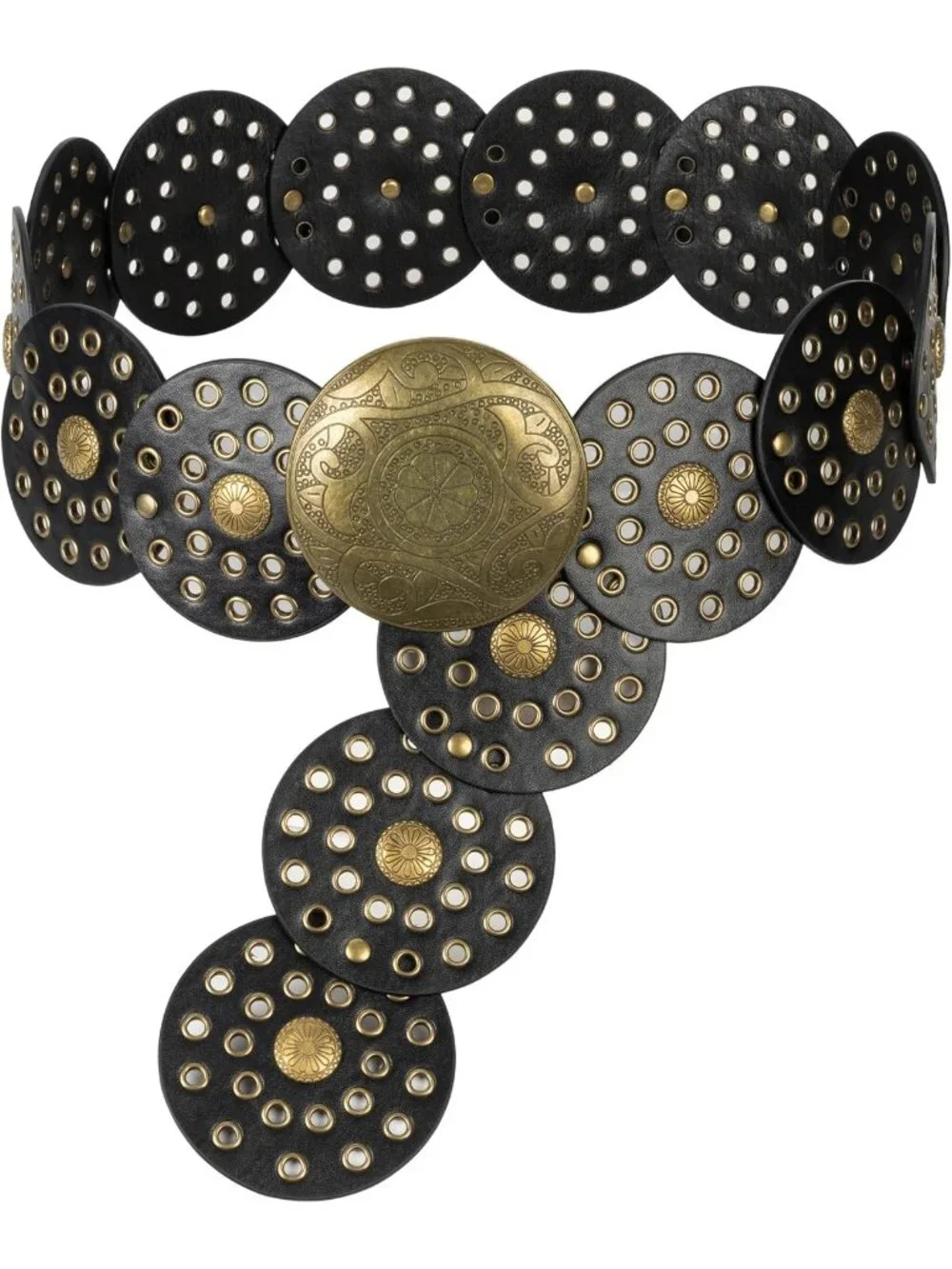 Women Black & Gold Wide Western Disc Belt Cowgirl Boho-Concho Leather Belt